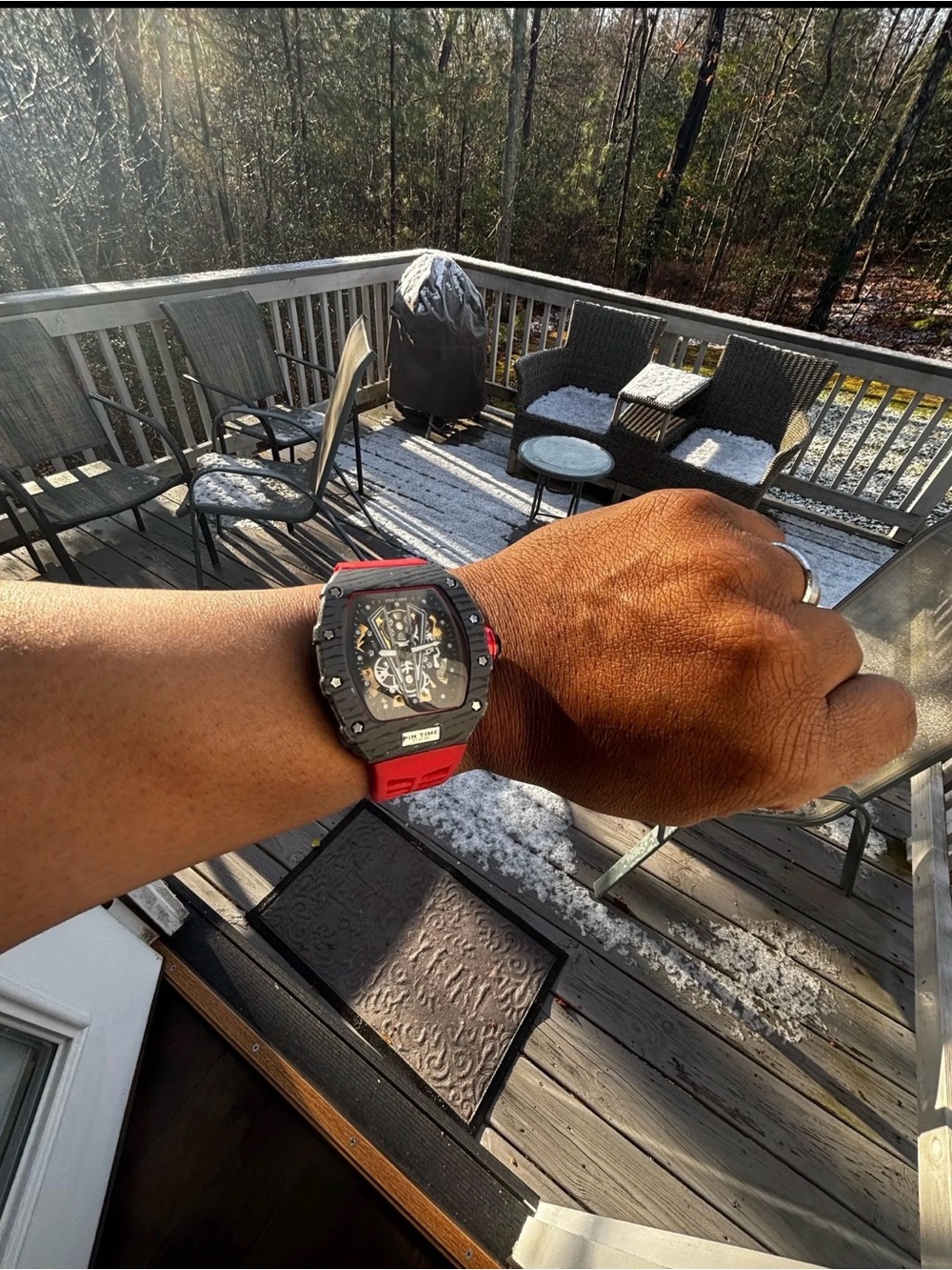 Red Men's Sport Chronograph Watch with Skeleton Dial